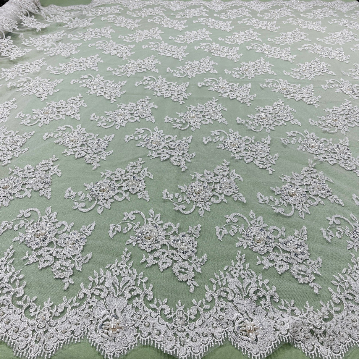 1 Yard Elegant Ivory Silver Beaded Lace Fabric on Polyester Net Mesh 54 inch Width