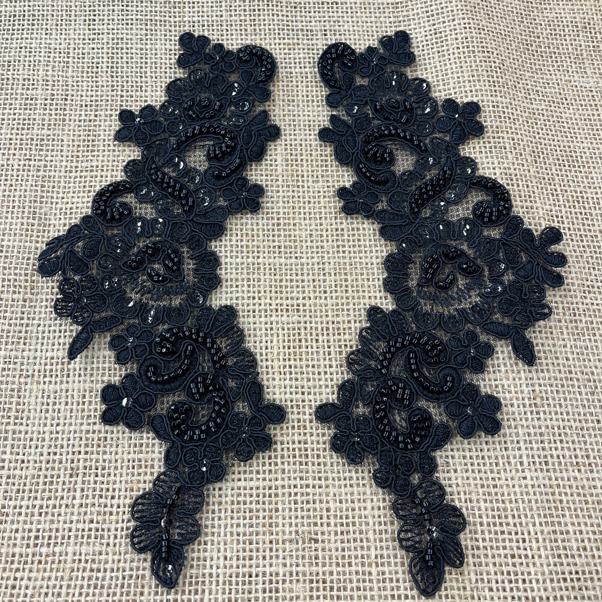 1 Pair 9" x 3" Each Side Beaded & Corded Floral Lace Applique Organza