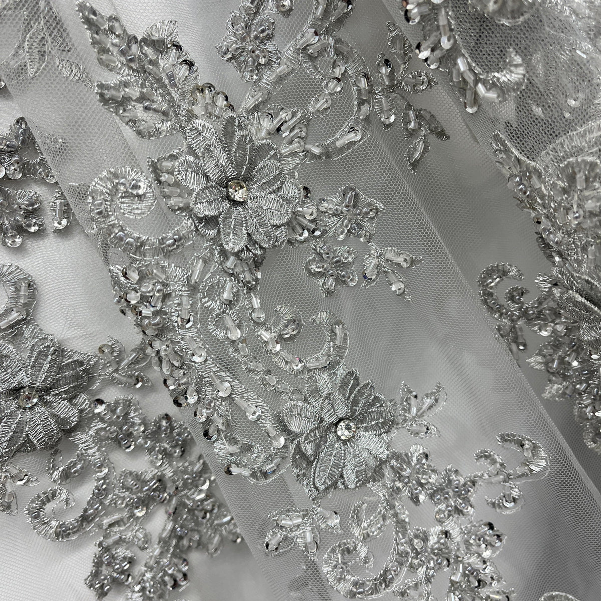 1 Yard Beaded 3D Floral Lace Fabric Embroidered on Polyester Net Mesh, Premium Embroidery Lace Fabric