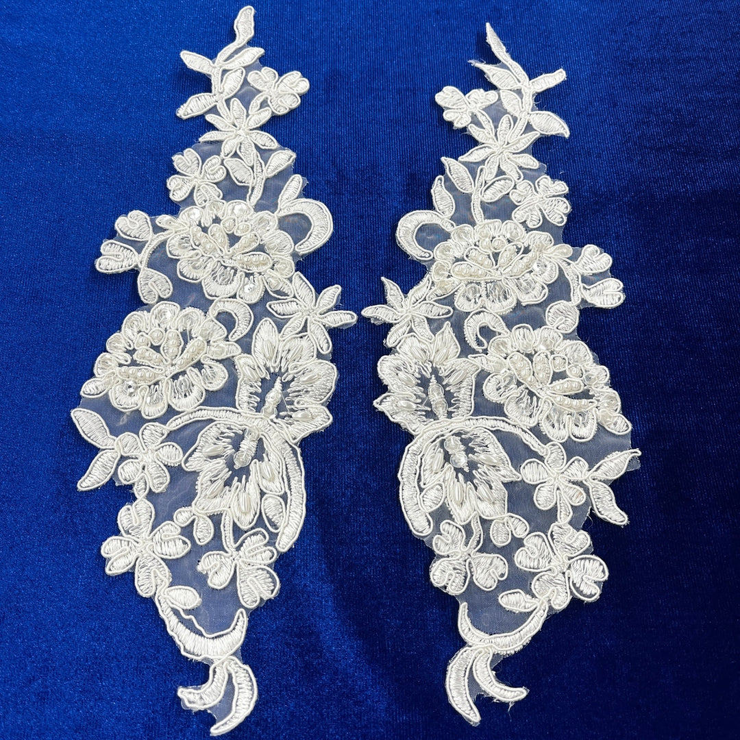 1 Pair 10" x 3" Each Side Beaded & Corded Floral Lace Applique 100% Polyester
