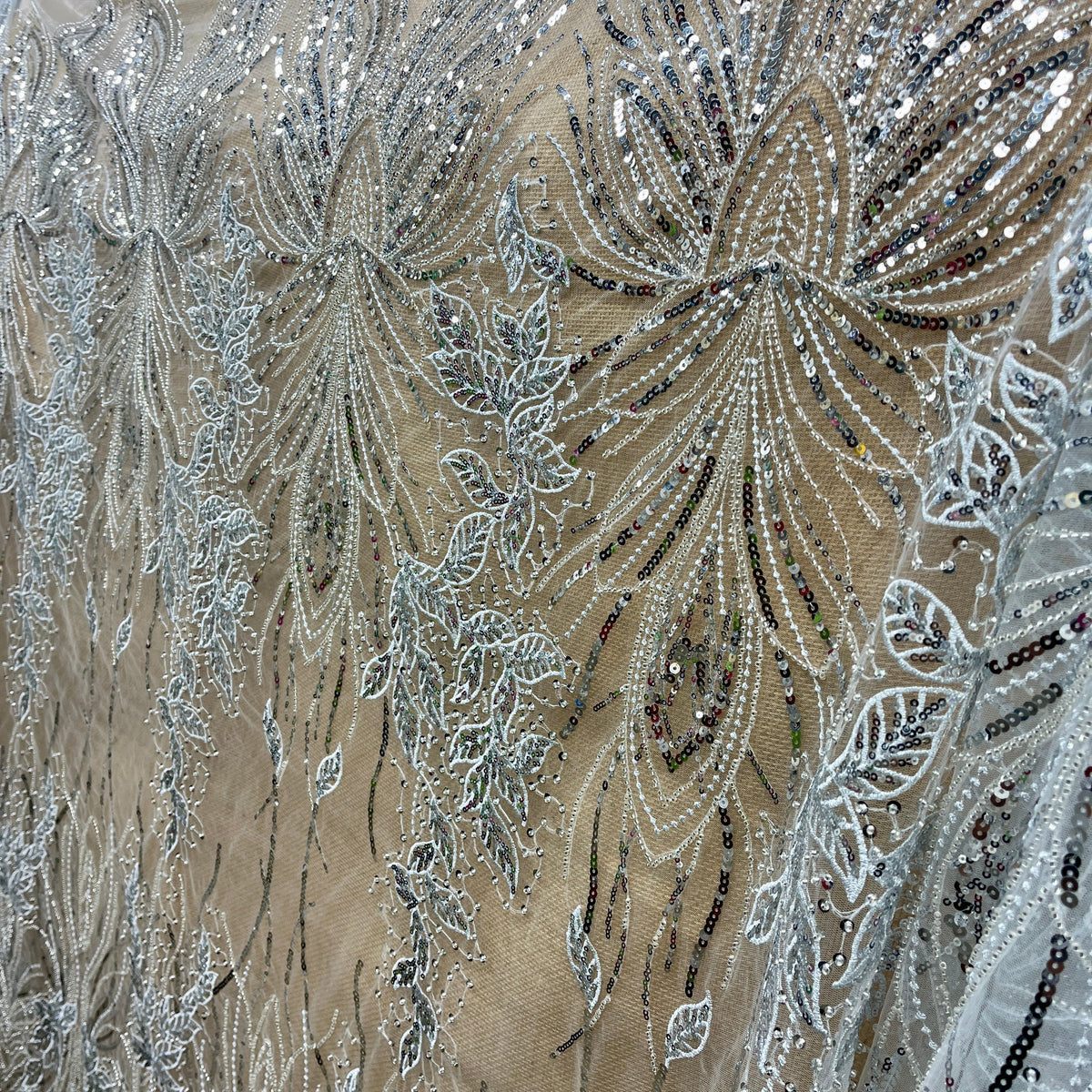 1 Yard Beaded & Sequined Lace Fabric Embroidered on 100% Polyester Net Mesh 52" Wide