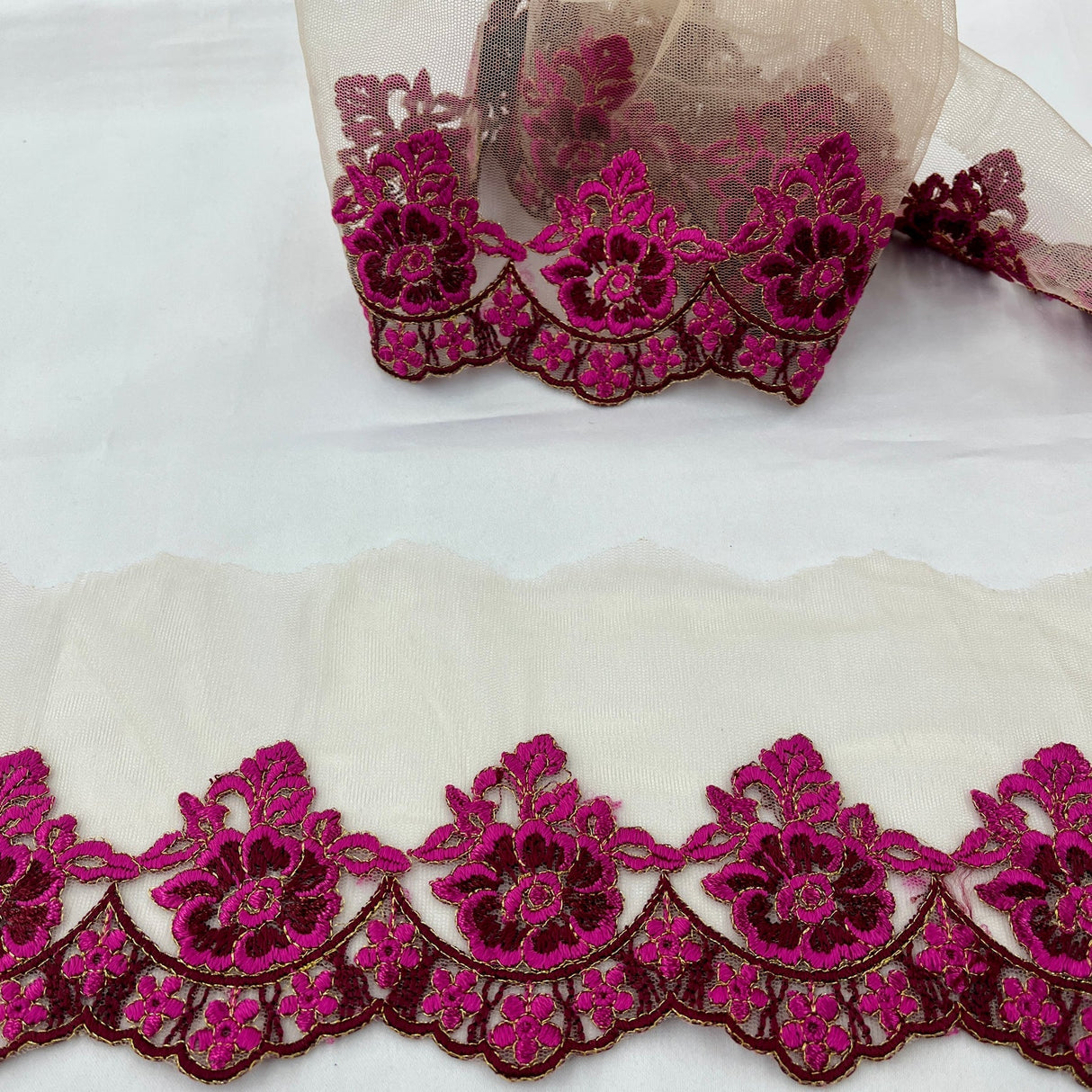 1 Yard Colorful Floral Lace Trimming on Net Mesh | 2.75" Wide | Handmade Embroidered Trim for Dresses & Costumes