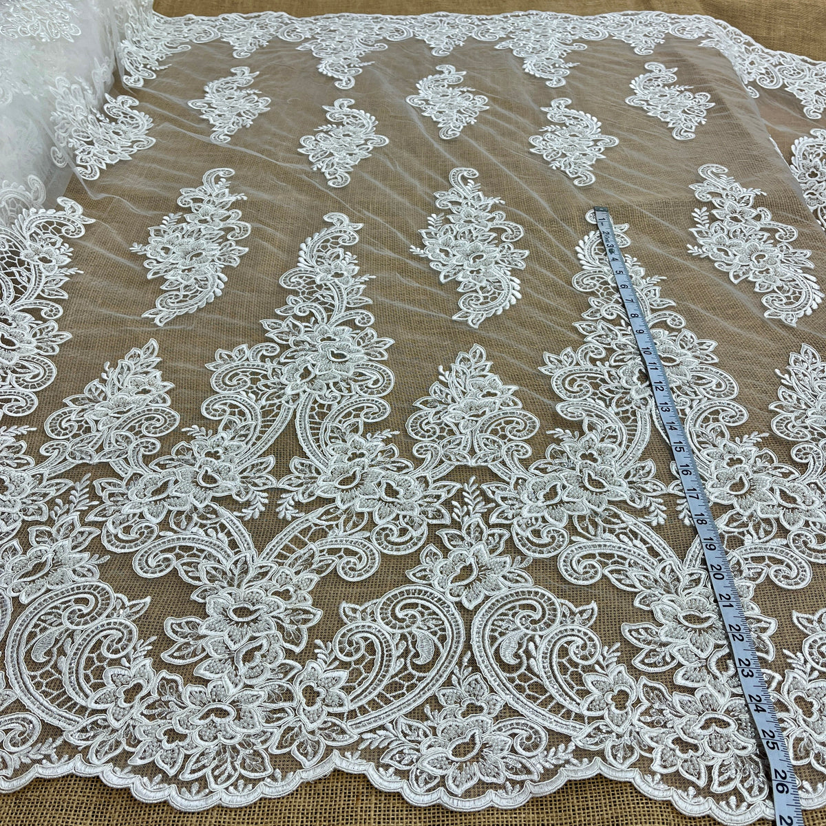 1 Yard 54 Inch Beaded and Corded Bridal Lace Fabric Ivory