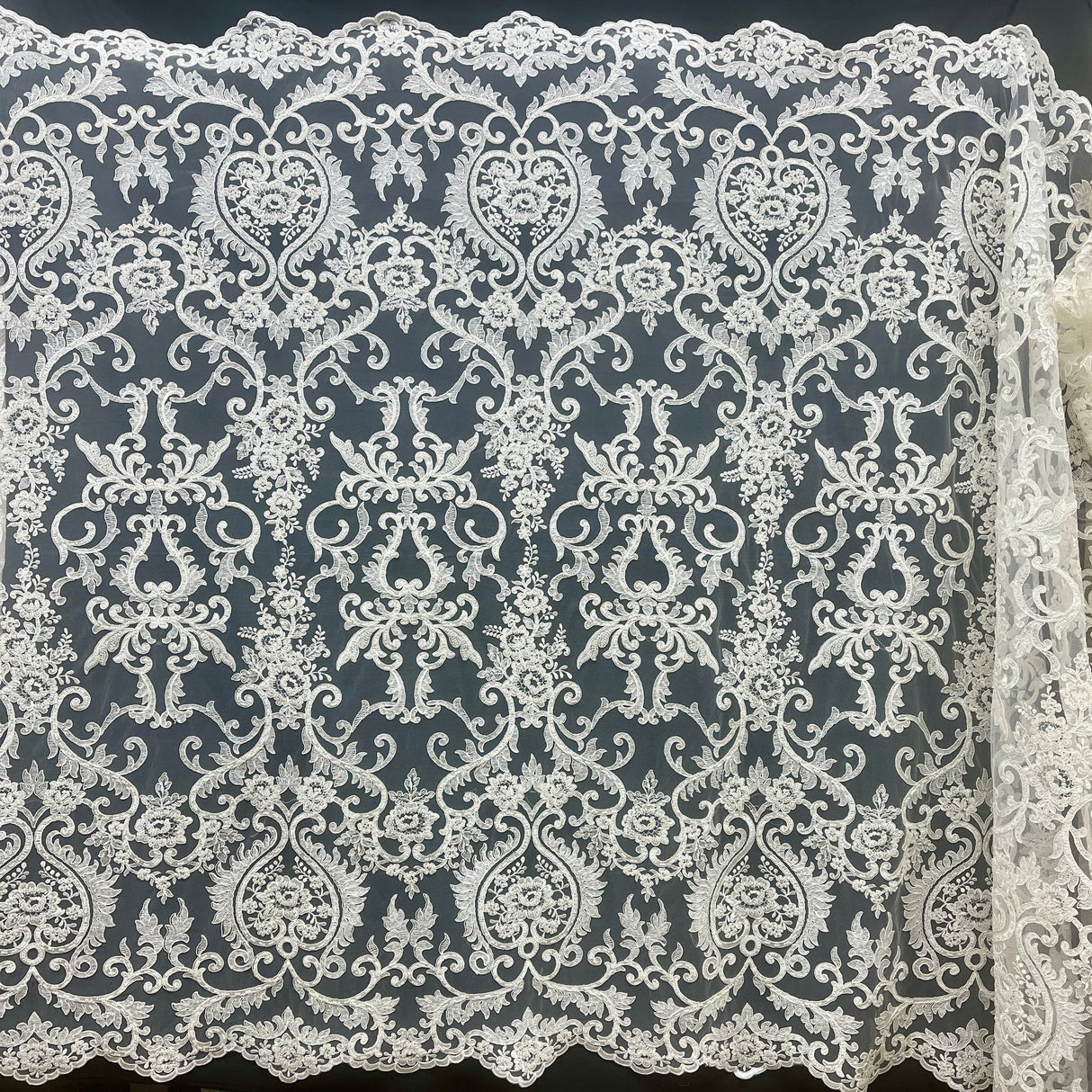 1 Yard Beaded & Corded Embroidered Bridal Lace Fabric on Mesh, Polyester, 54" Wide,