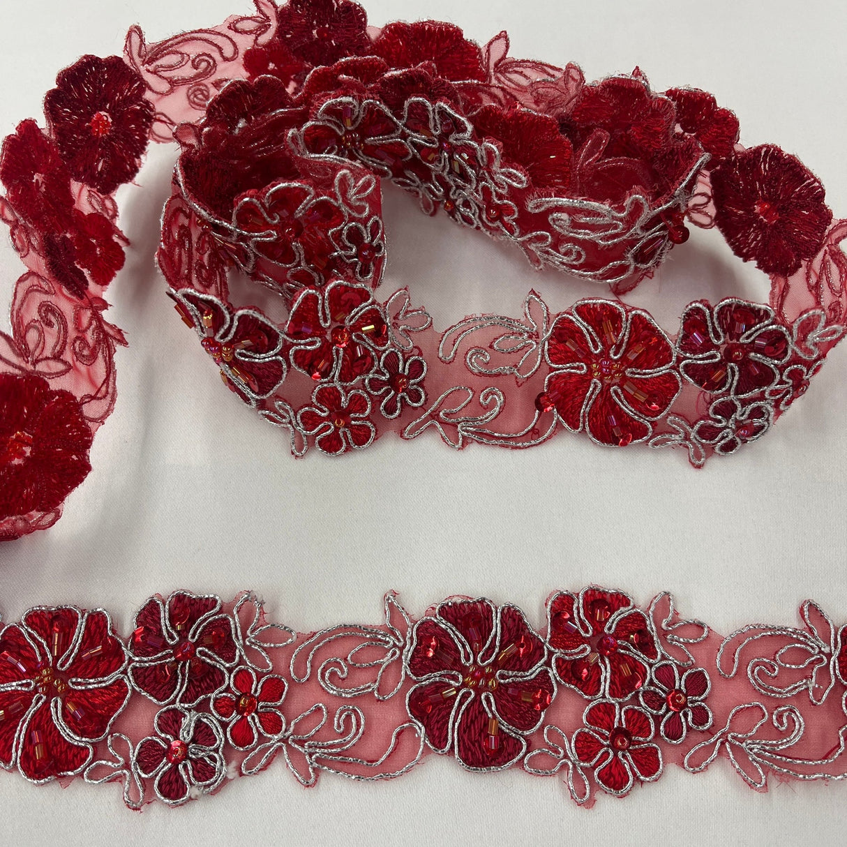 1 Yard Beaded Corded Embroidered Lace Trim 1.5" Wide 100% Polyester Organza for Dresses & Costumes