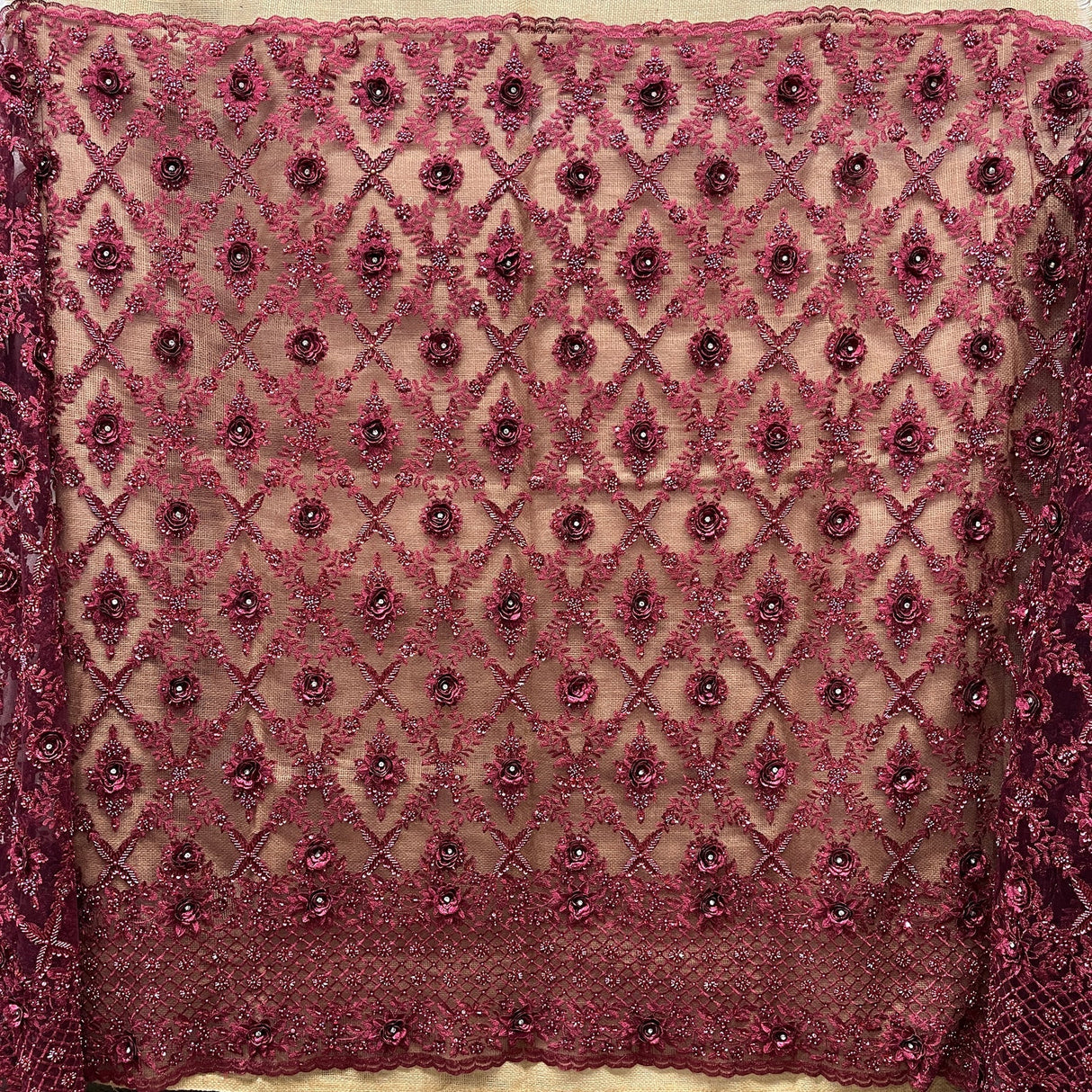 1 Yard Beaded 3D Floral Lace Fabric, Navy Embroidered Mesh, 100% Polyester, 51” Wide,