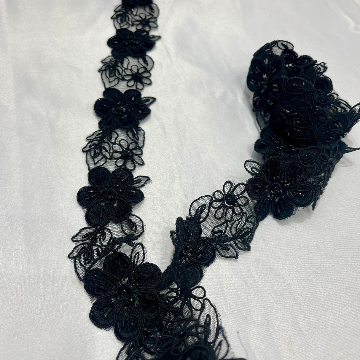 1 Yard Beaded & Corded Embroidered Lace Trim 2" Wide 100% Polyester Floral Scalloped Edge