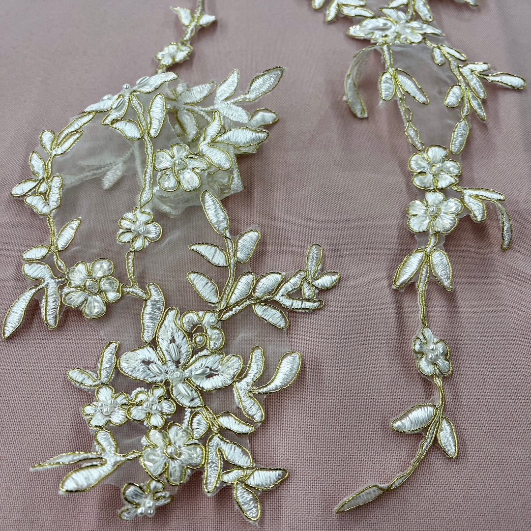 1 Pair Beaded & Corded Floral Lace Applique 100% Polyester Organza 17" x 4.5"
