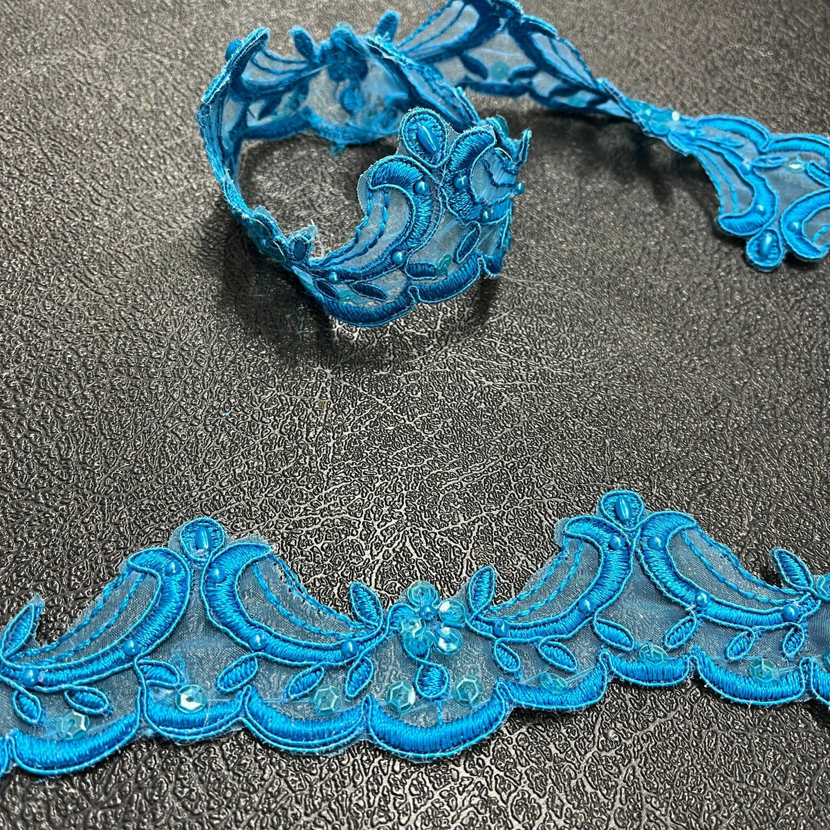 1 Yard Beaded & Corded Lace Trimming on 100% Polyester Organza, Elegant Embroidered Lace Fabric