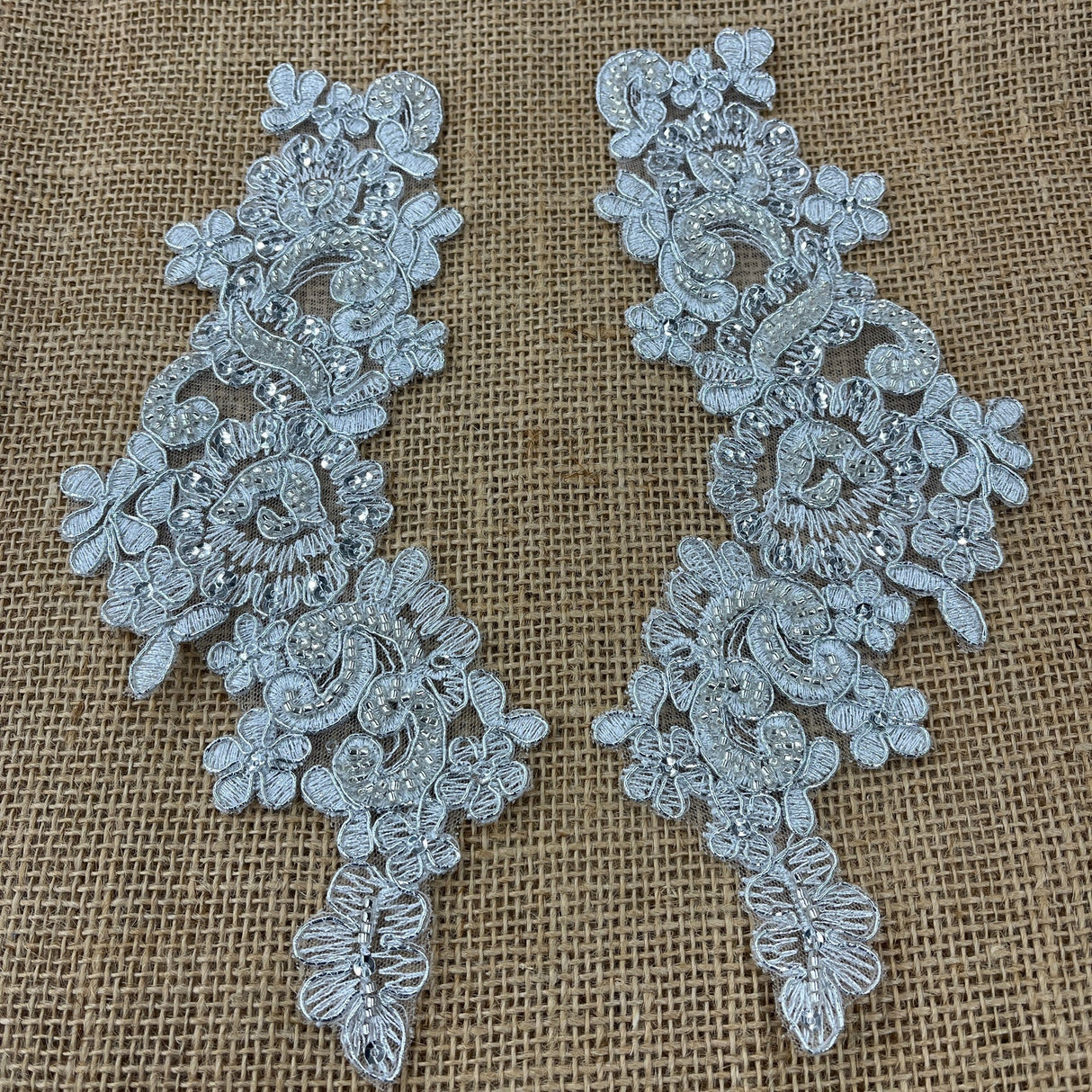 1 Pair 9" x 3" Each Side Beaded & Corded Floral Lace Applique Organza