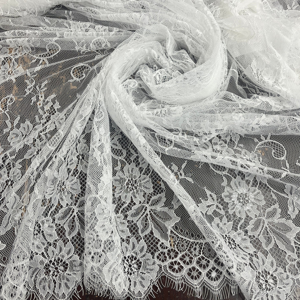 1 Yard Chantilly Embroidered Lace Fabric with Eyelash Scallop, 58" Wide French Lace for Bridal & Evening Wear