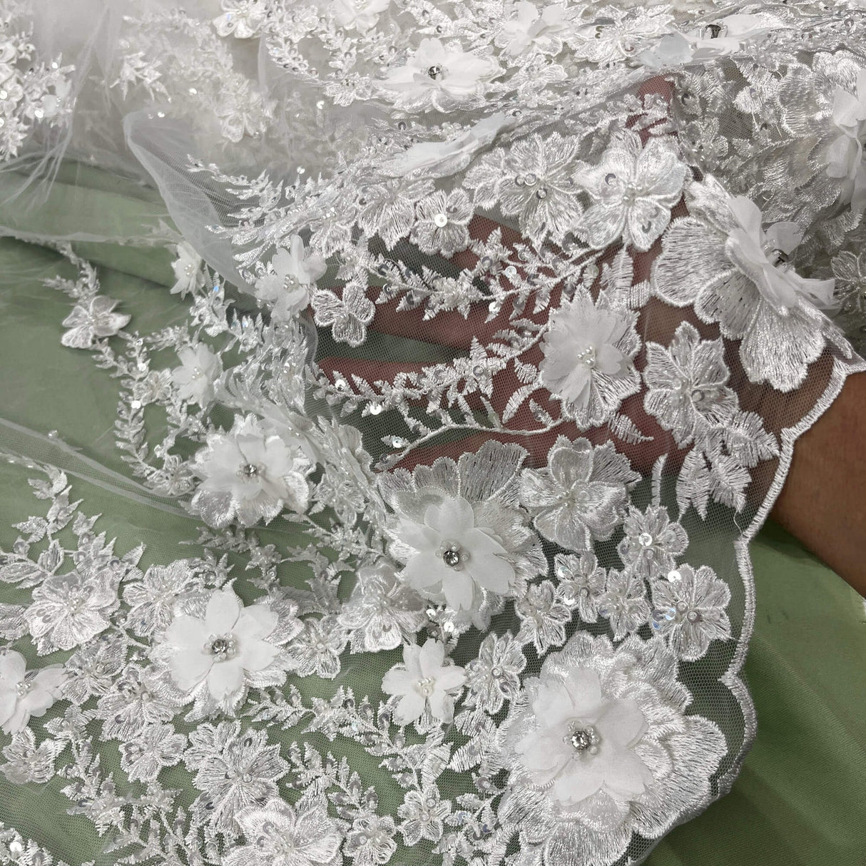 1 Yard Beaded 3D Floral Lace Fabric with Rhinestones, 51" Wide Embroidered Mesh