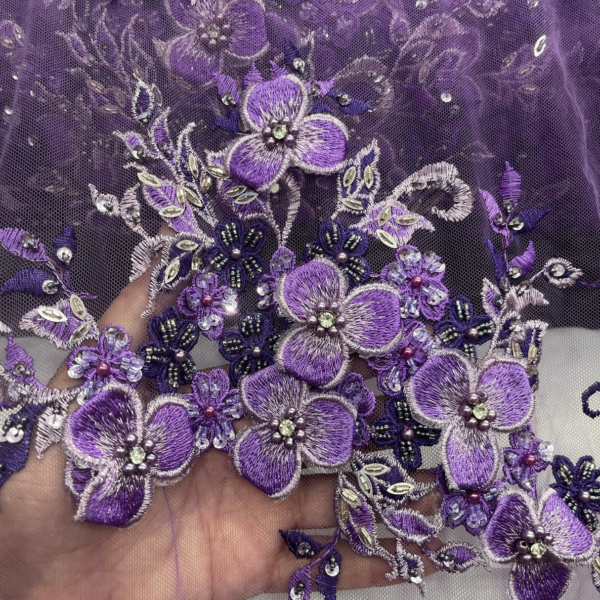 1 Yard 3D Beaded Floral Lace Fabric with Rhinestones, 51" Wide Embroidered Mesh