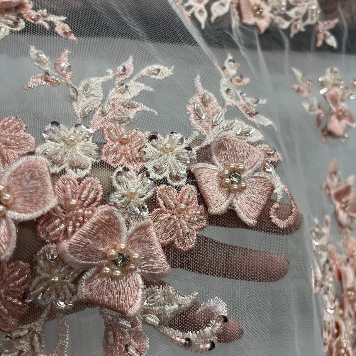 1 Yard 3D Beaded Floral Lace Fabric with Rhinestones, 51" Wide Embroidered Mesh