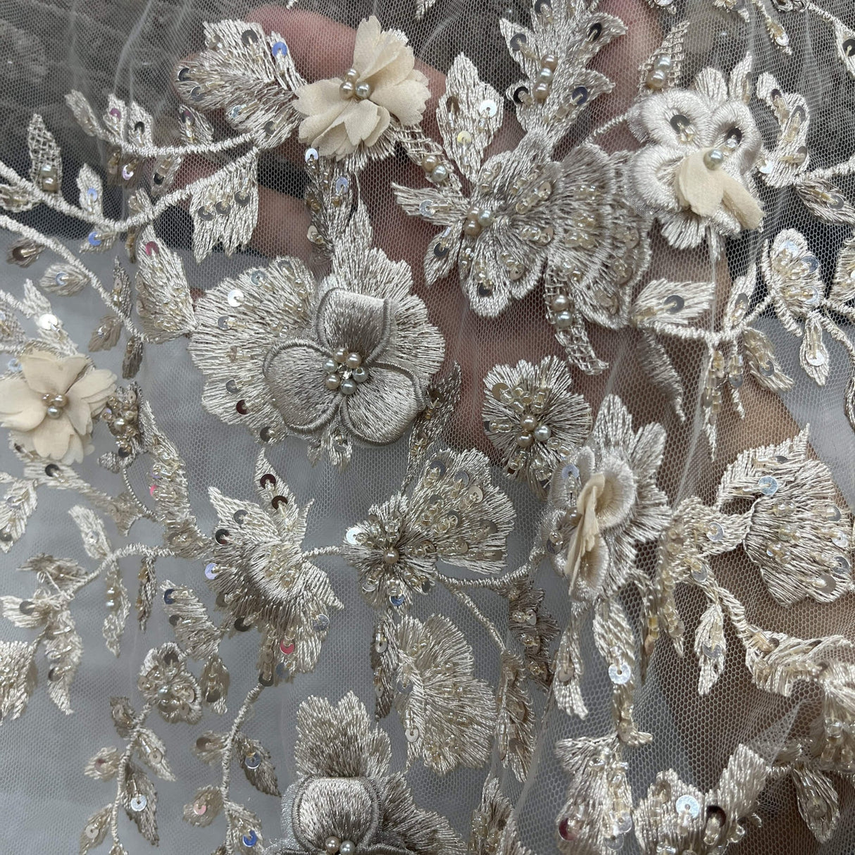 1 Yard Beaded 3D Floral Lace Fabric – 51" Wide Embroidered Bridal, Quinceañera & Evening Dress Lace