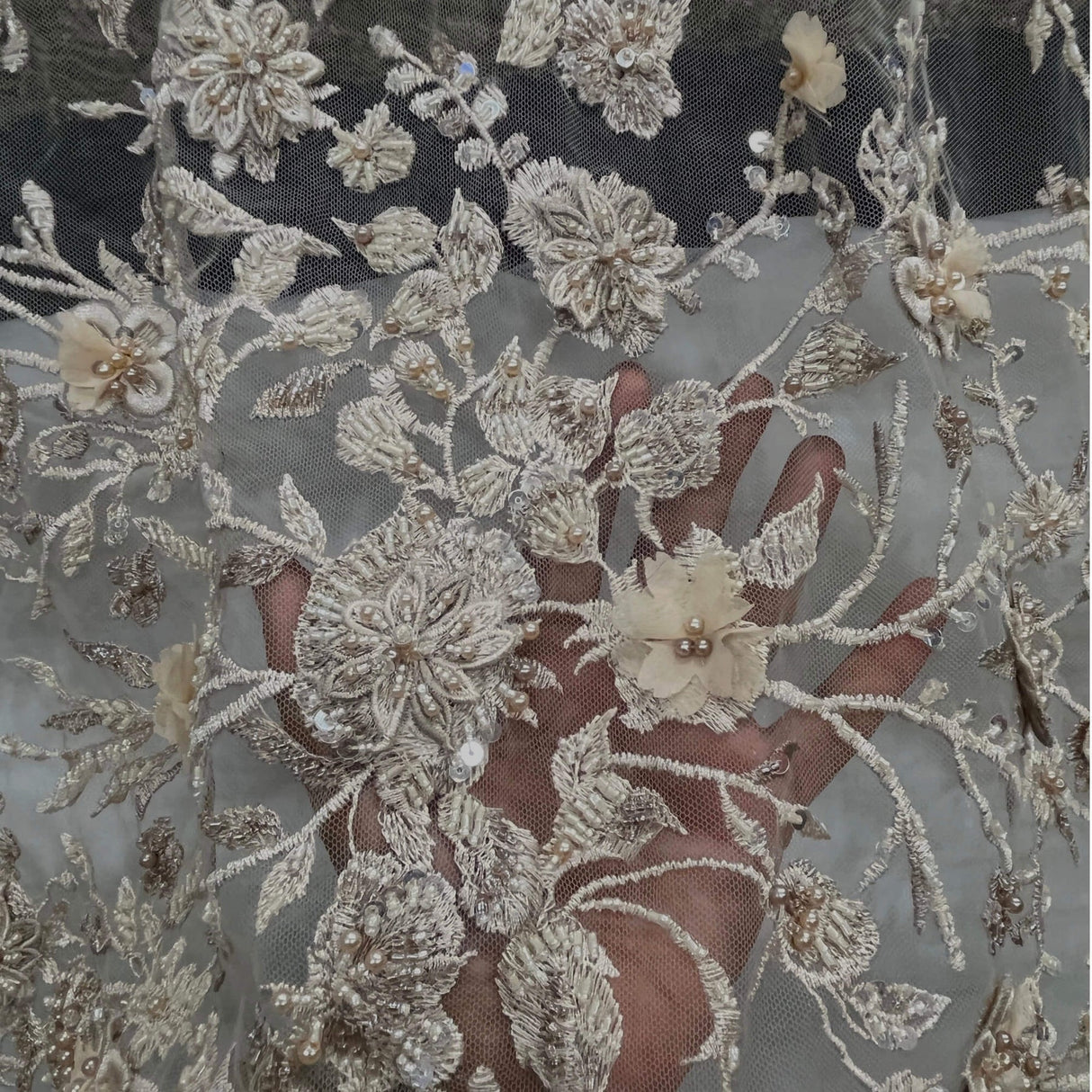 1 Yard Beaded 3D Floral Lace Fabric with Rhinestones – 51" Wide Embroidered Bridal & Evening Dress Lace