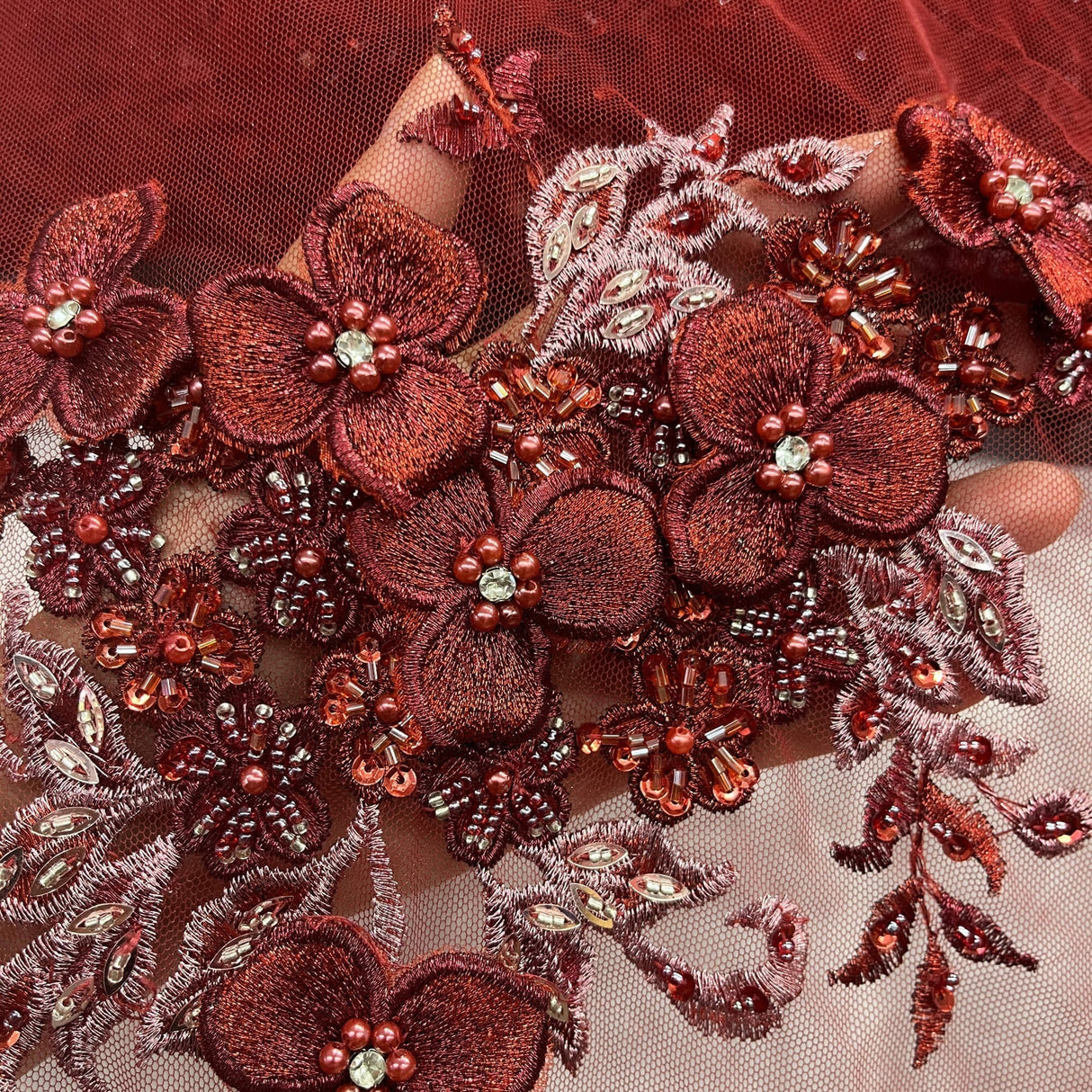 1 Yard 3D Beaded Floral Lace Fabric with Rhinestones, 51" Wide Embroidered Mesh