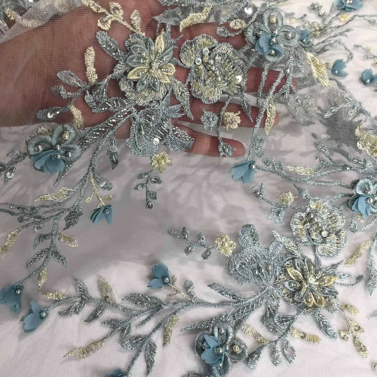 1 Yard Beaded 3D Floral Lace Fabric with Rhinestones – 51" Wide Embroidered Bridal & Evening Dress Lace