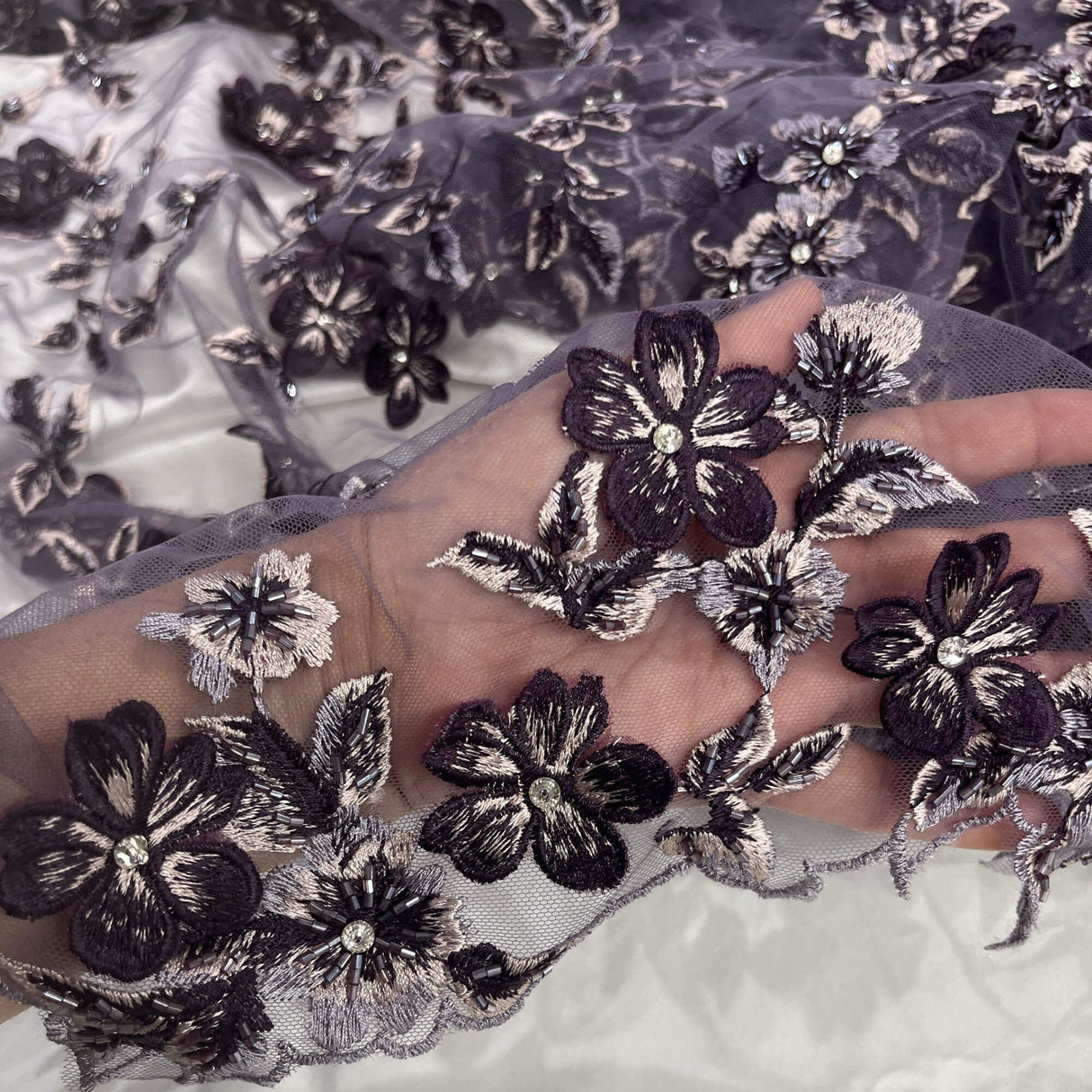 1 Yard 3D Beaded Floral Lace Fabric, Embroidered Mesh with Rhinestones & Scalloped Edges