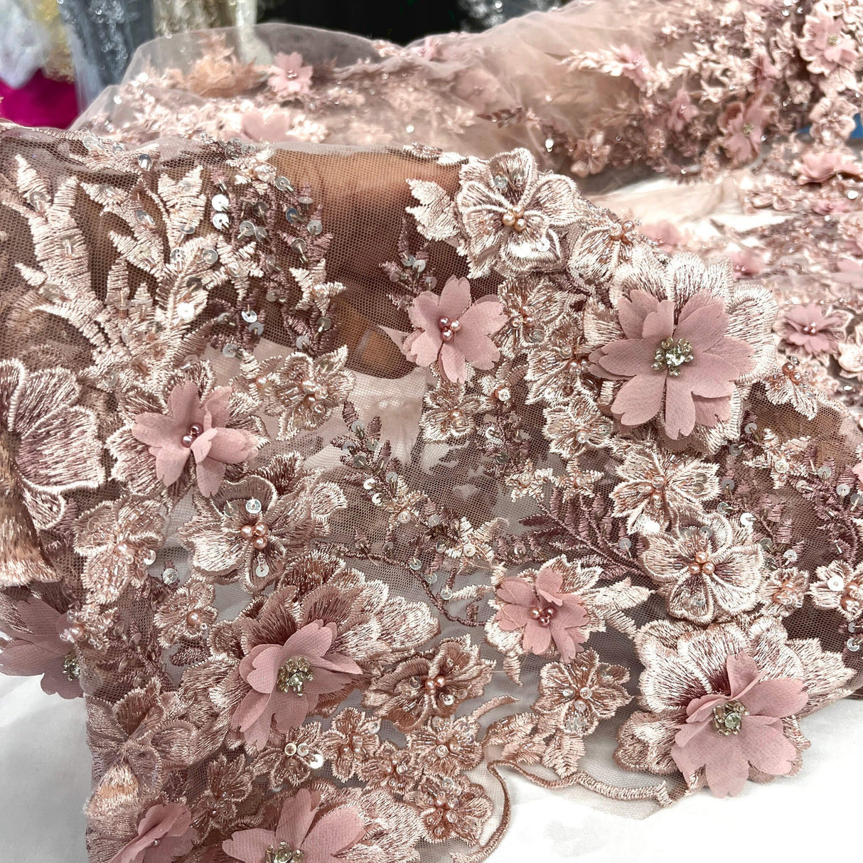 1 Yard Beaded 3D Floral Lace Fabric with Rhinestones, 51" Wide Embroidered Mesh