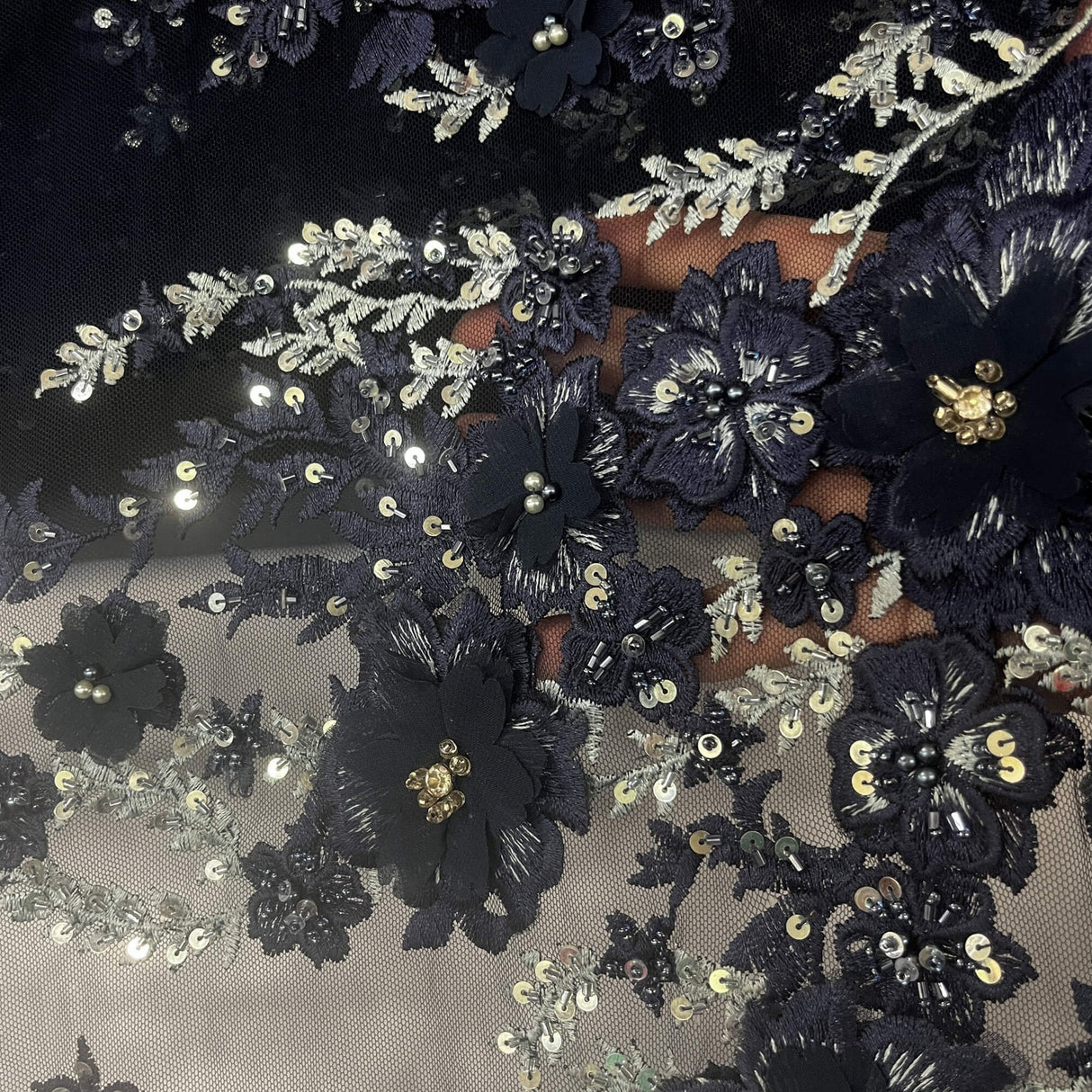 1 Yard Beaded 3D Floral Lace Fabric with Rhinestones, 51" Wide Embroidered Mesh