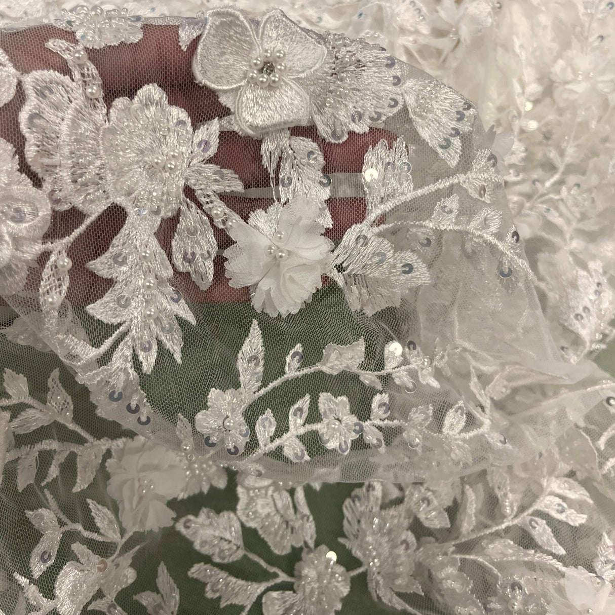 1 Yard Beaded 3D Floral Lace Fabric – 51" Wide Embroidered Bridal, Quinceañera & Evening Dress Lace