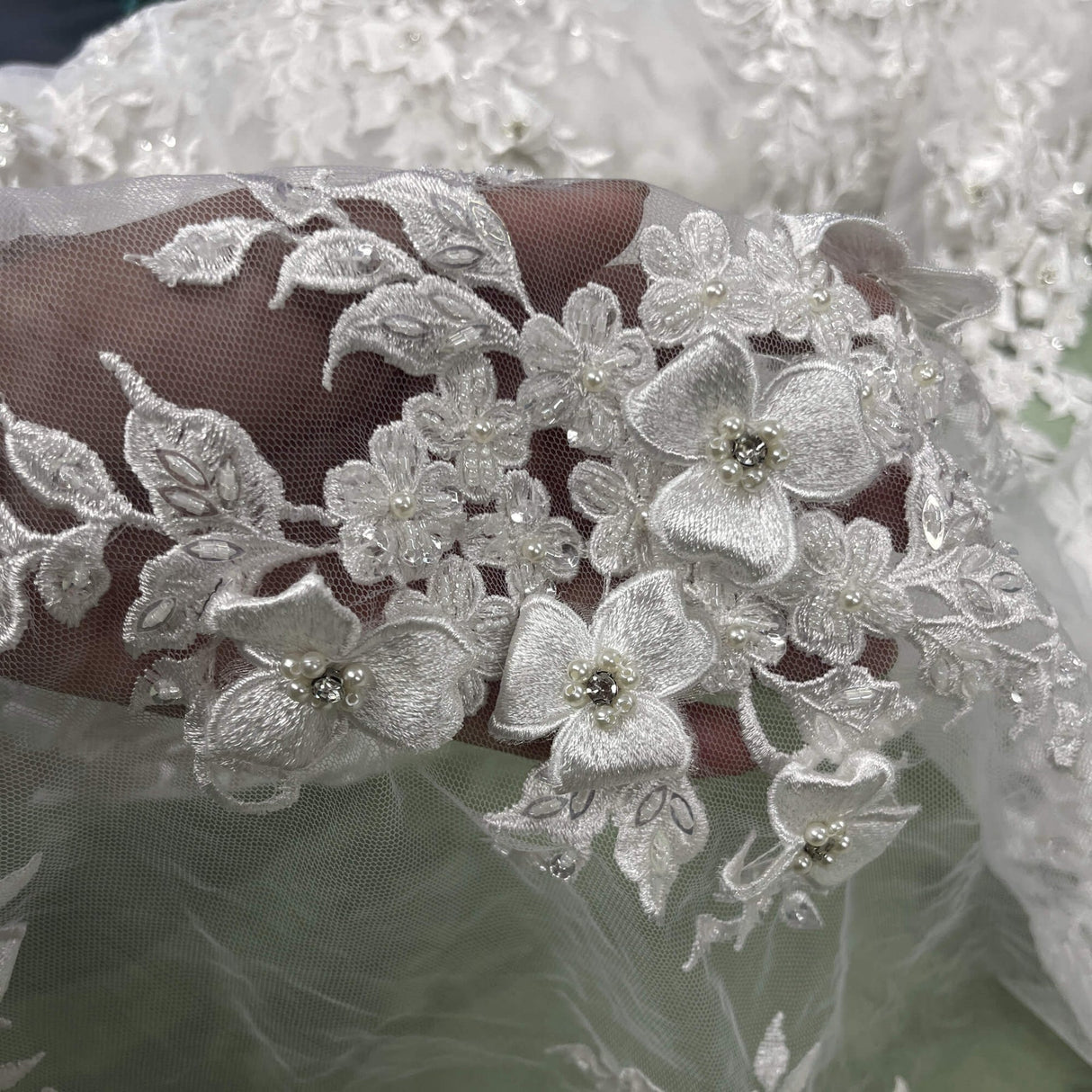 1 Yard 3D Beaded Floral Lace Fabric with Rhinestones, 51" Wide Embroidered Mesh