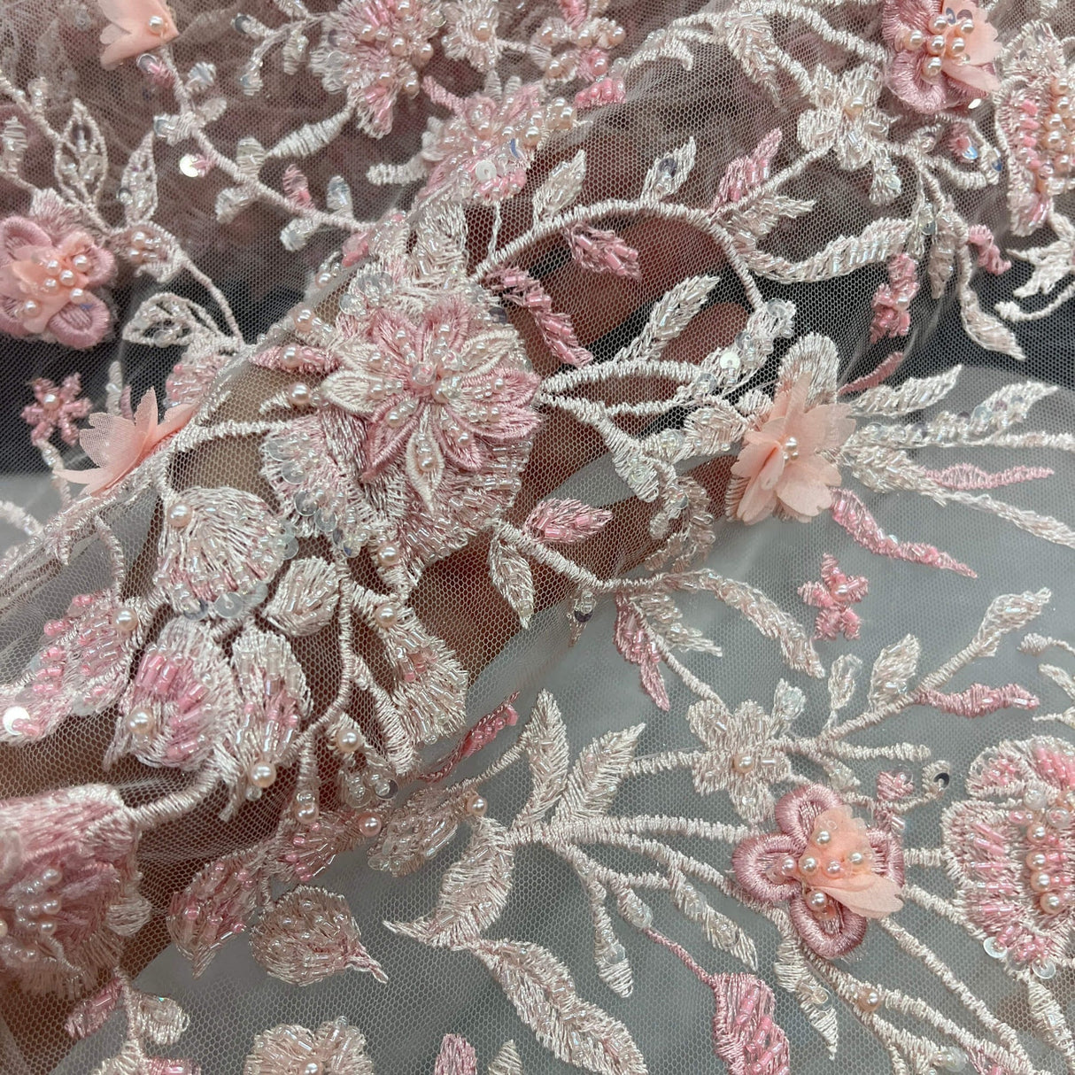 1 Yard Beaded 3D Floral Lace Fabric with Rhinestones – 51" Wide Embroidered Bridal & Evening Dress Lace