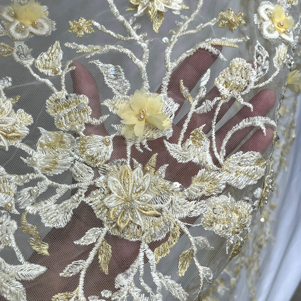 1 Yard Beaded 3D Floral Lace Fabric with Rhinestones – 51" Wide Embroidered Bridal & Evening Dress Lace
