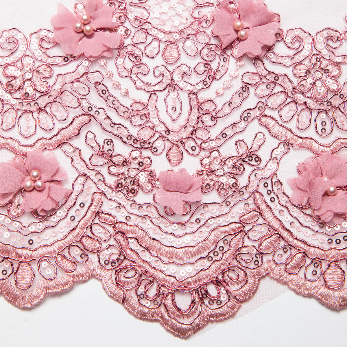 1 Yard Tulle Lace Fabric with 3D Embroidered Applique Design, 52" Wide