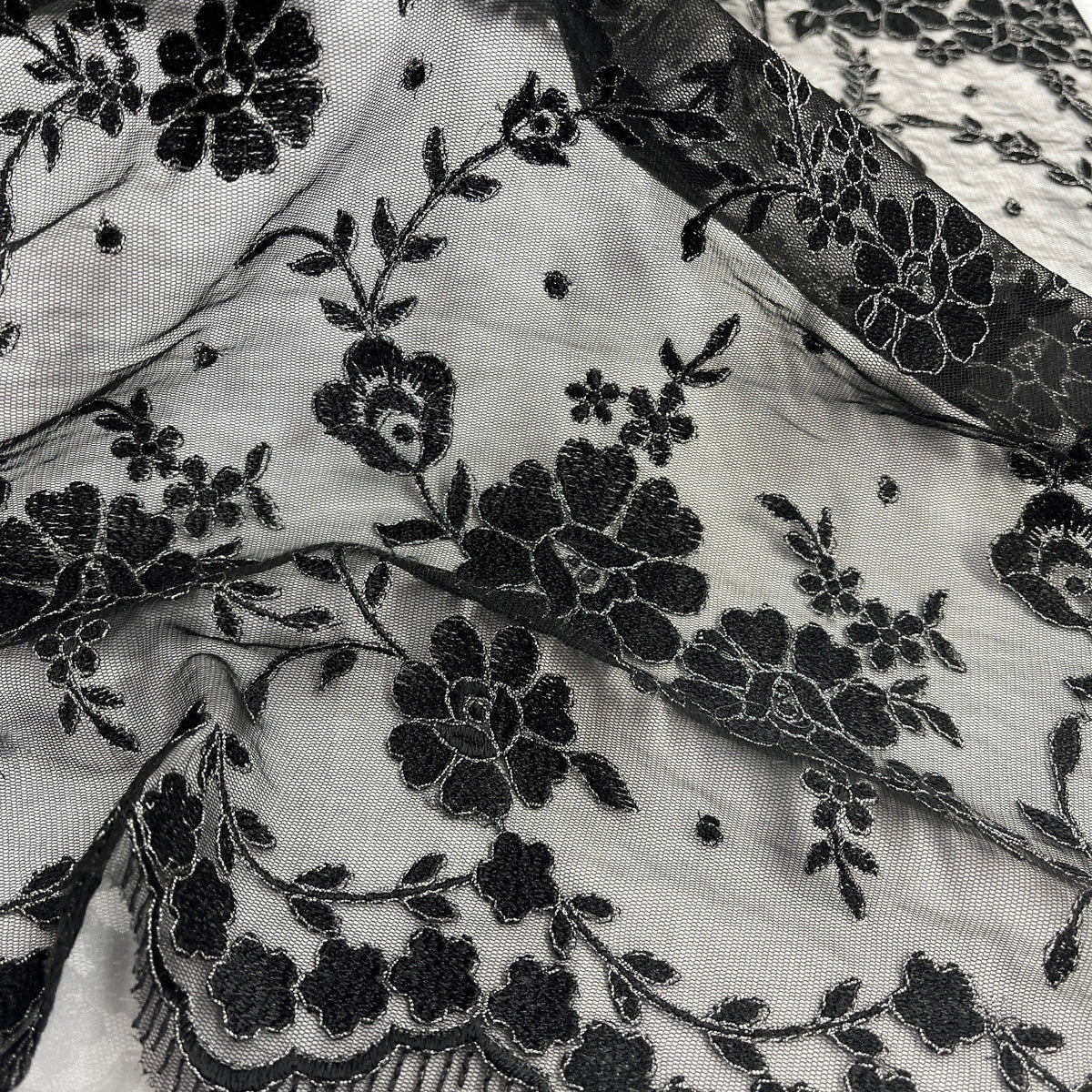 1 Yard Elegant Floral Embroidered Lace Fabric on Polyester Mesh, 52" Wide