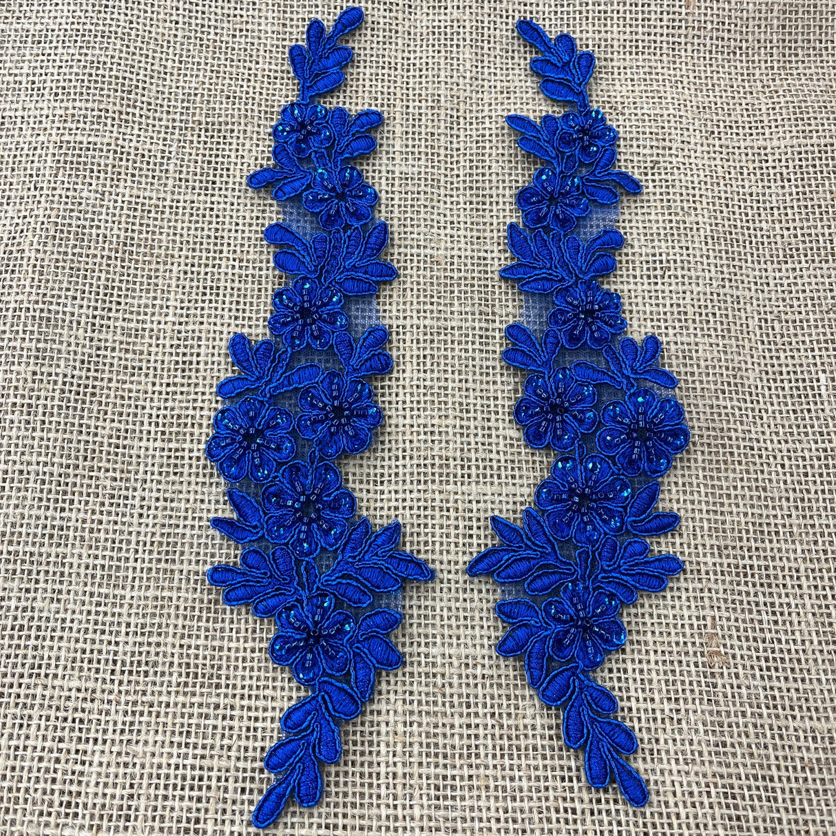 1 Pair 9.5" x 2" Each Side Beaded & Corded Floral Lace Applique Embroidered on 100% Polyester Net Mesh