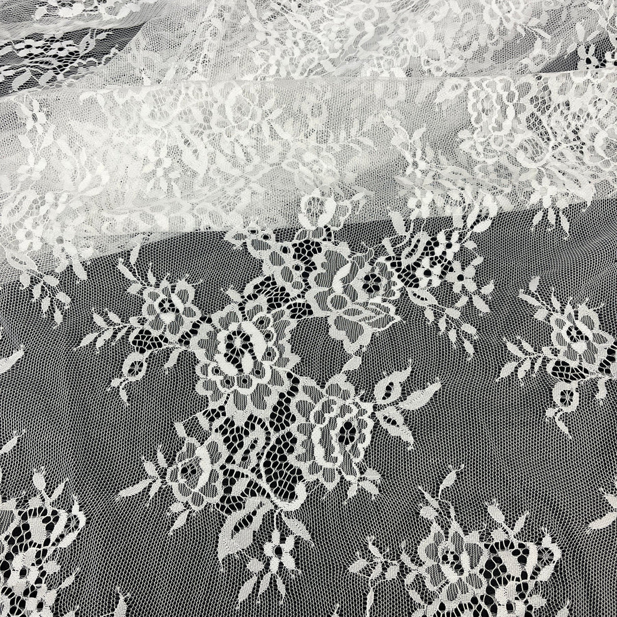 1 Yard Chantilly Embroidered Lace Fabric with Eyelash Scallop, 58" Wide French Alençon Lace for Bridal & Evening Dresses