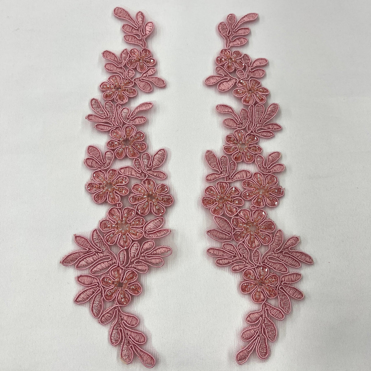 1 Pair 9.5" x 2" Each Side Beaded & Corded Floral Lace Applique Embroidered on 100% Polyester Net Mesh