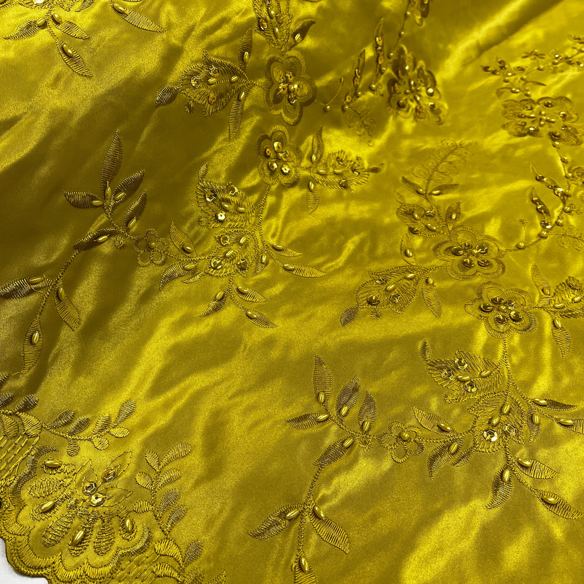 1 Yard Beaded Bridal Lace Fabric on 100% Polyester Satin, Elegant Embroidered Wedding Material