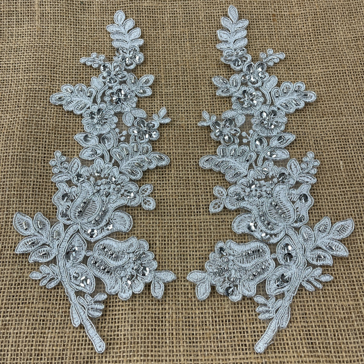 1 Pair 12" x 3.5" Beaded & Corded Floral Lace Applique 100% Polyester Net Mesh