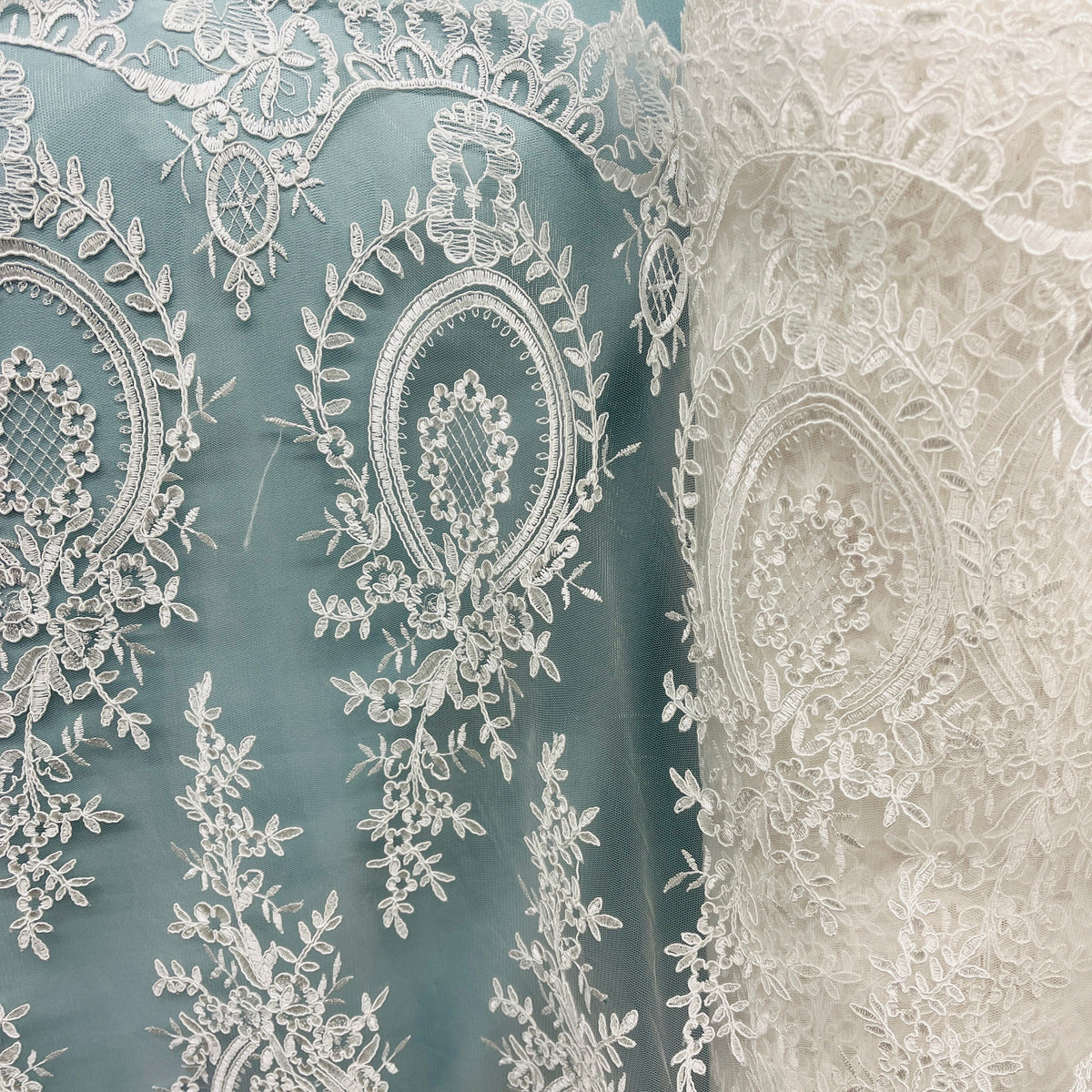 1 Yard 48" Wide Corded Bridal Lace Fabric Embroidered on 100% Polyester Net Mesh