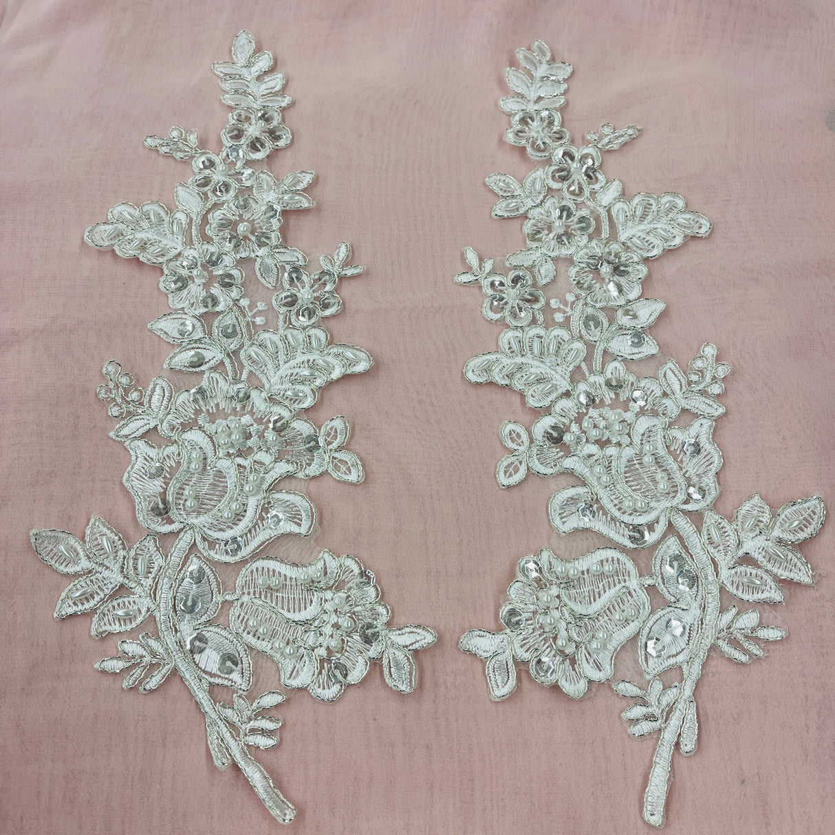 1 Pair 12" x 3.5" Beaded & Corded Floral Lace Applique 100% Polyester Net Mesh