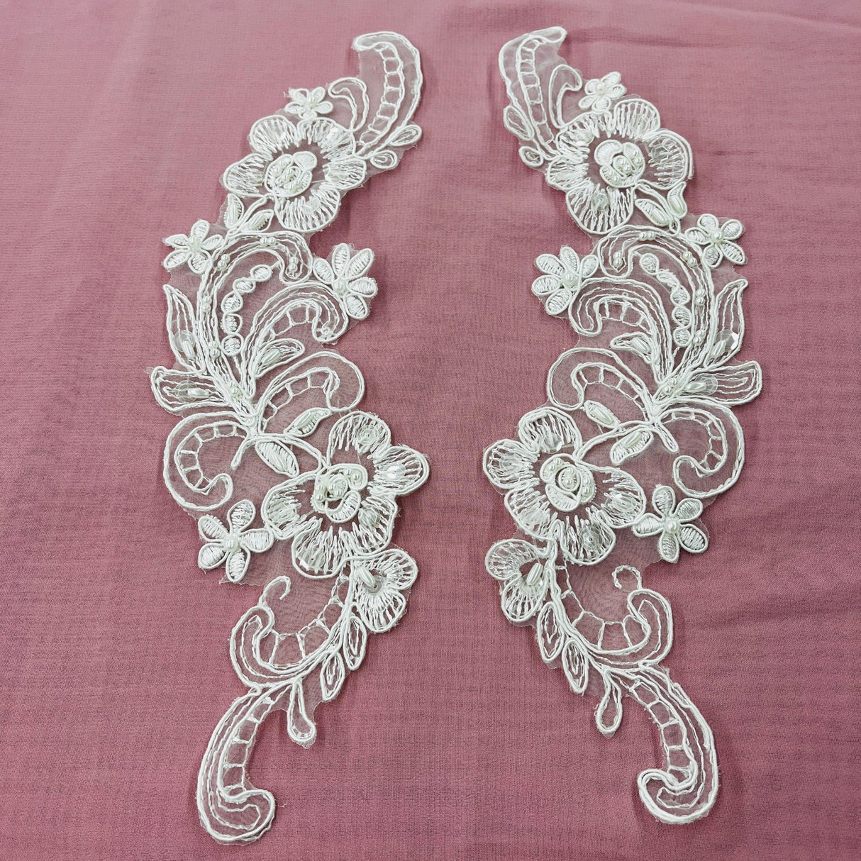 1 Pair Beaded & Corded Floral Lace Applique 10" x 3" Each Side