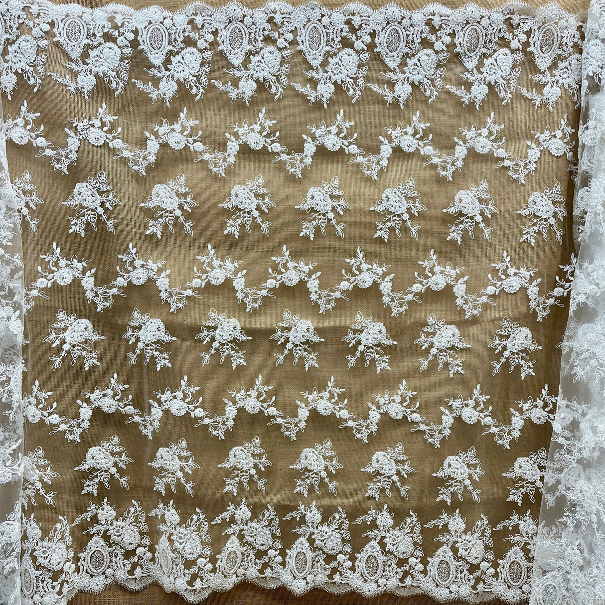 1 Yard Beaded & Corded Bridal Lace Fabric on Polyester Net Mesh, Embroidered, 49" Wide, Elegant Wedding Fabric