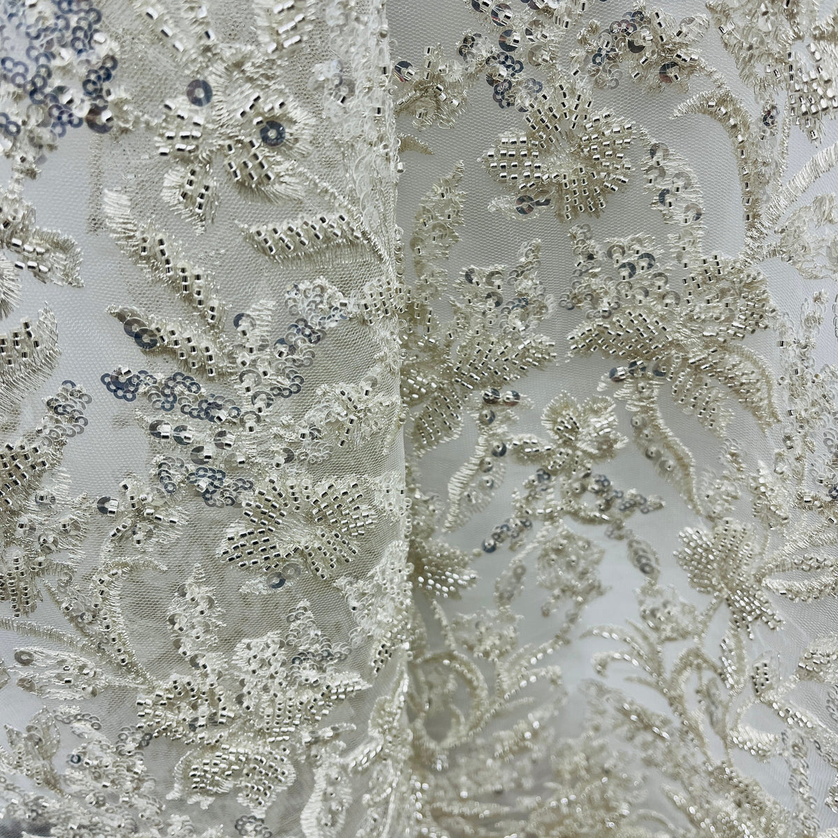 1 Yard Elegant Beaded & Corded Lace Trim on 100% Polyester Mesh, Floral Embroidered Lace Fabric