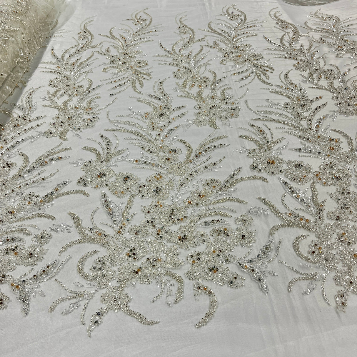 1 Yard Light Blue Beaded Lace Embroidered Fabric, Polyester Net Mesh, 50” Wide