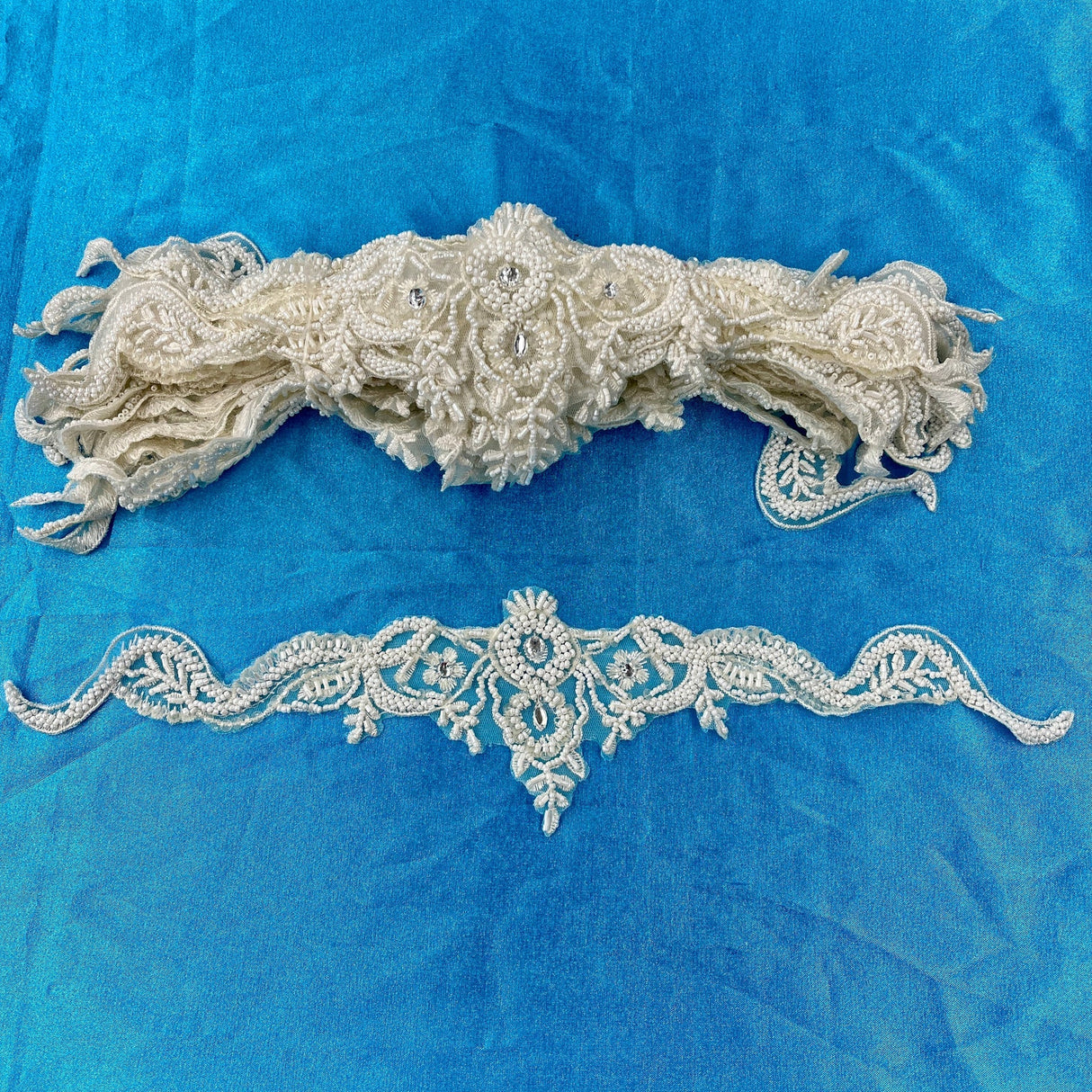 Beaded Lace Applique Embroidered on 100% Polyester Net Mesh 16" x 3.5"