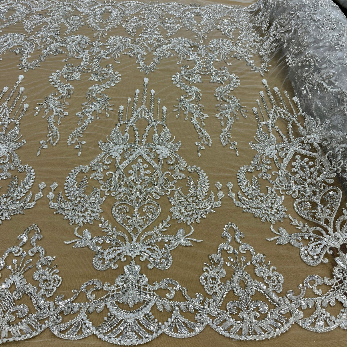 1 Yard Elegant Beaded Lace Fabric Embroidered on Polyester Net Mesh 50” Wide