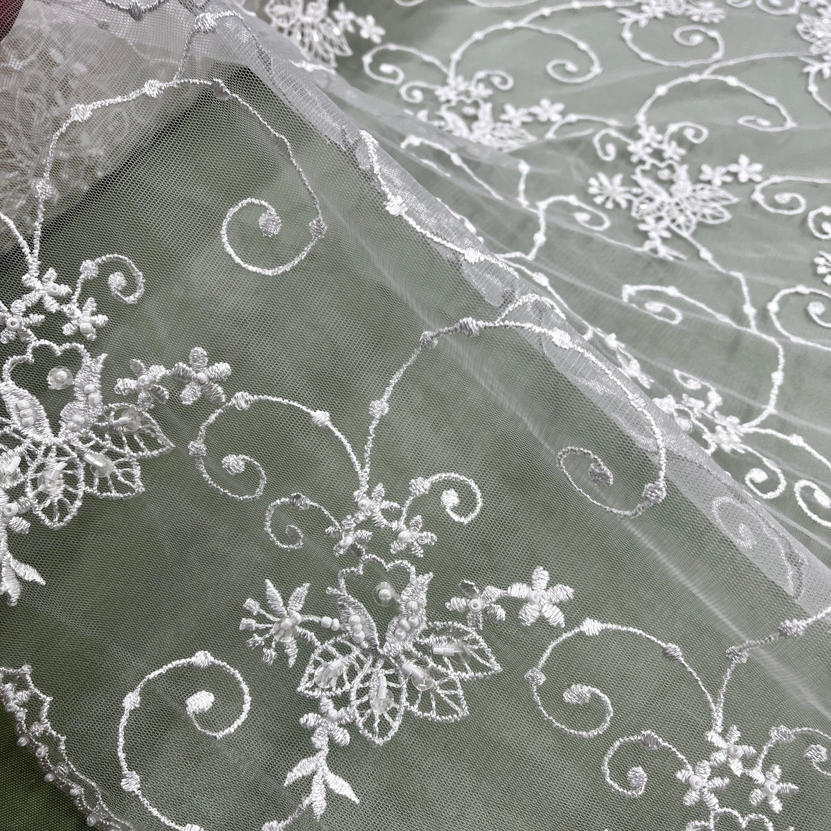 1 Yard Elegant Beaded Lace Fabric on 100% Polyester Mesh, Embroidered Floral Design for Gowns & Decor