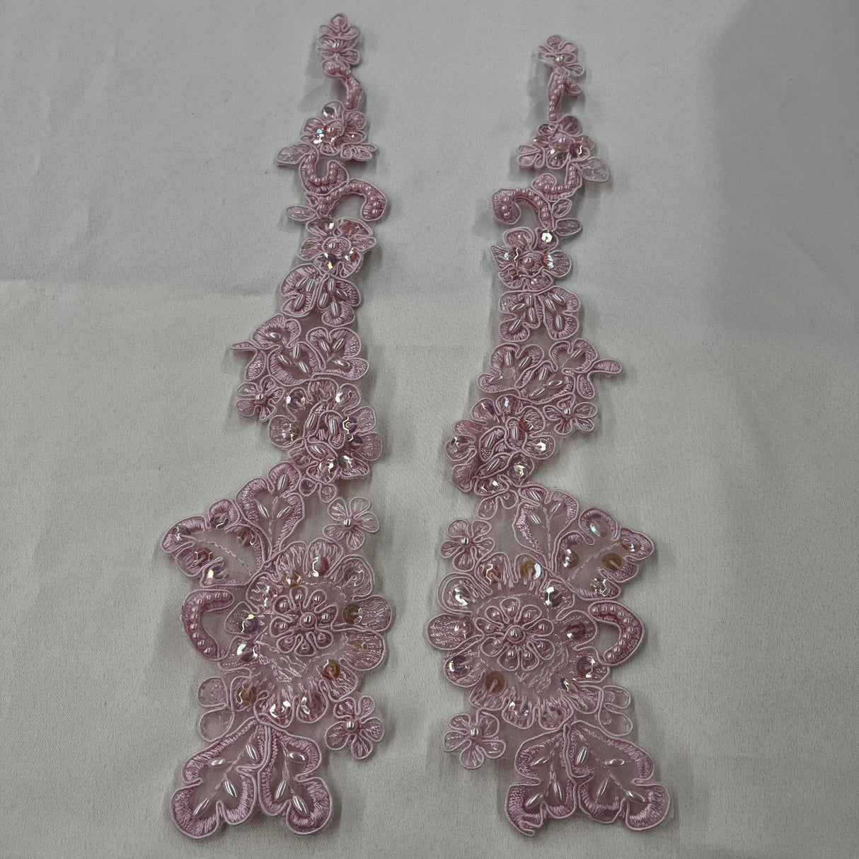 1 Pair 12" x 3" Each Side Beaded & Corded Floral Lace Applique 100% Polyester Organza