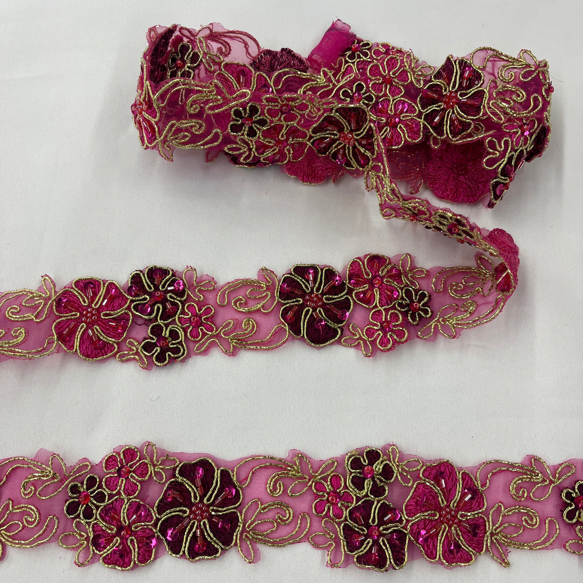 1 Yard Beaded & Corded Lace Trimming Embroidered on 100% Polyester Organza 1.5" Wide