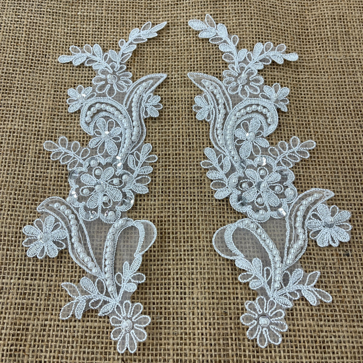 1 Pair Beaded & Corded Floral Lace Applique 9" x 2.5" Each Side
