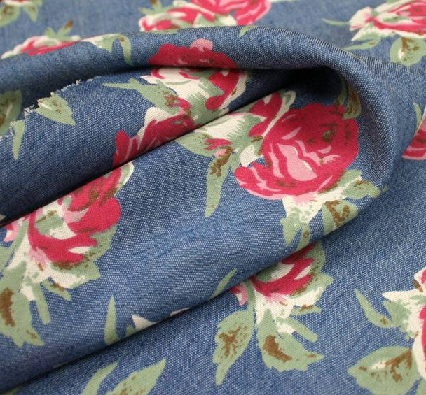 1 Yard Denim Printed Fabric Blue Pink, 58/60" Wide Cotton Polyester for Apparel & Decor