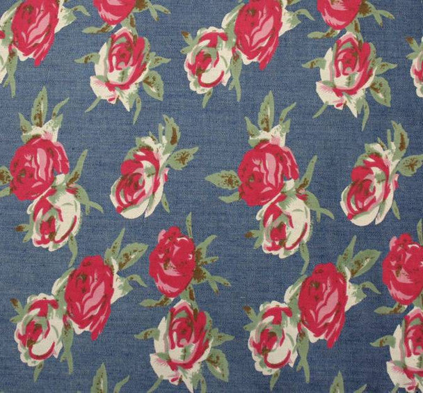 1 Yard Denim Printed Fabric Blue Pink, 58/60" Wide Cotton Polyester for Apparel & Decor